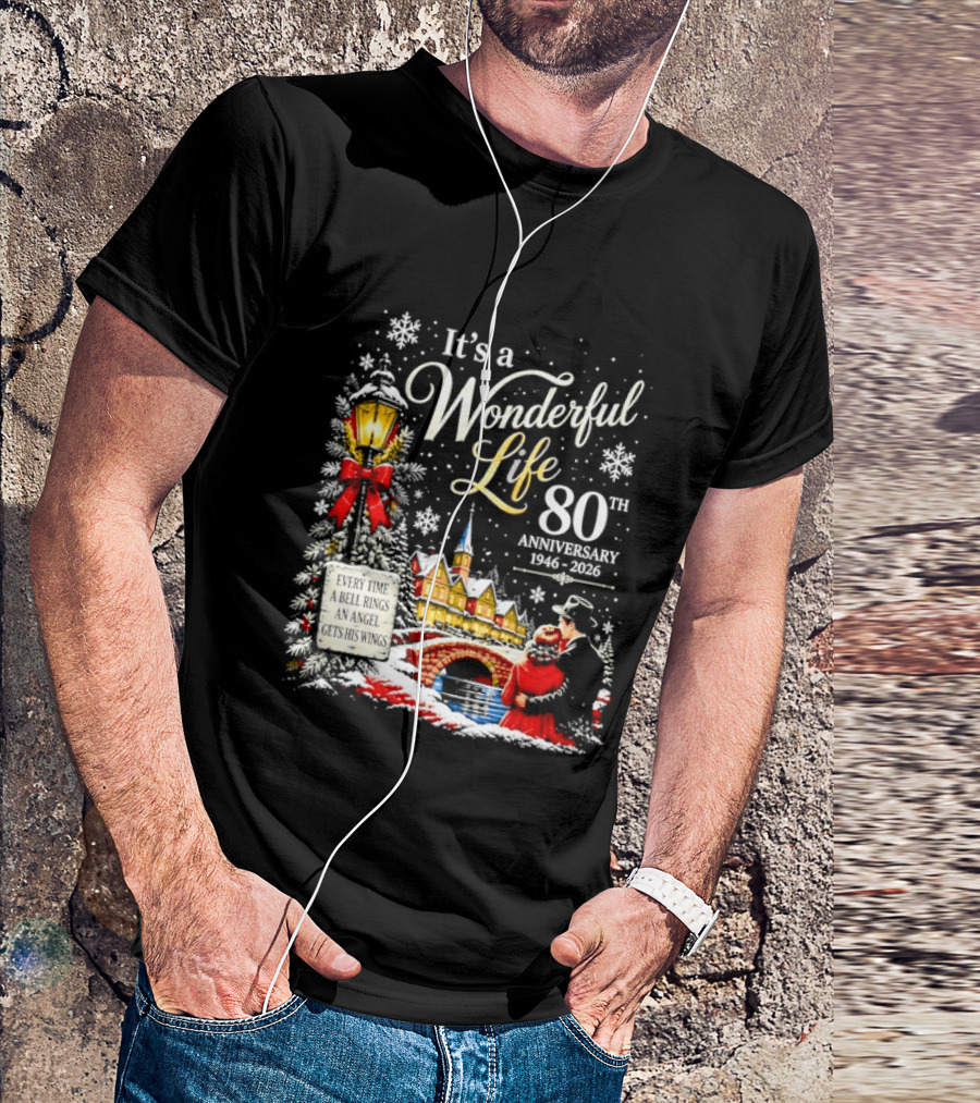 It's A Wonderful Life 80th Anniversary 1946 2026 Christmas Village Scene Snowflakes Lantern T-Shirt