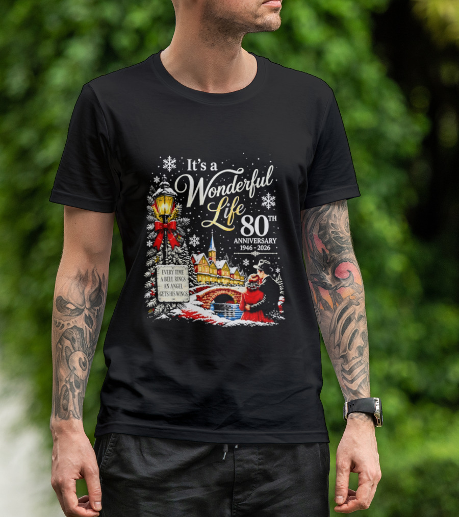 It's A Wonderful Life 80th Anniversary 1946 2026 Christmas Village Scene Snowflakes Lantern T-Shirt