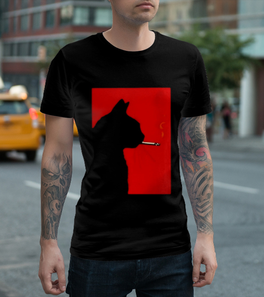 Black Cat Silhouette With Cigarette On Red T-Shirt