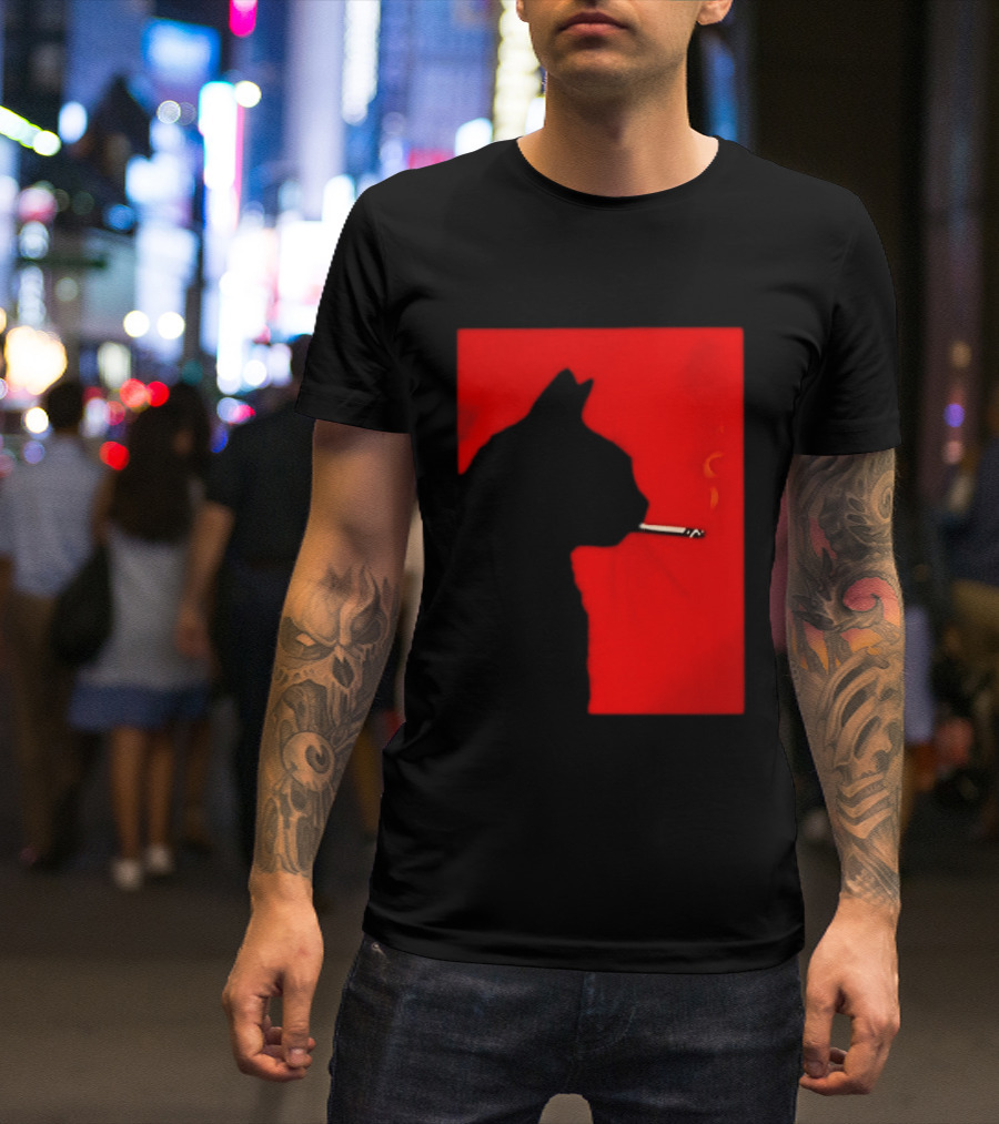 Black Cat Silhouette With Cigarette On Red T-Shirt
