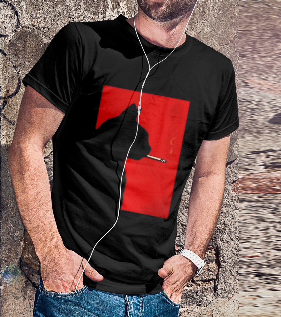 Black Cat Silhouette With Cigarette On Red T-Shirt