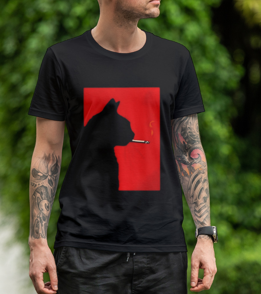 Black Cat Silhouette With Cigarette On Red T-Shirt