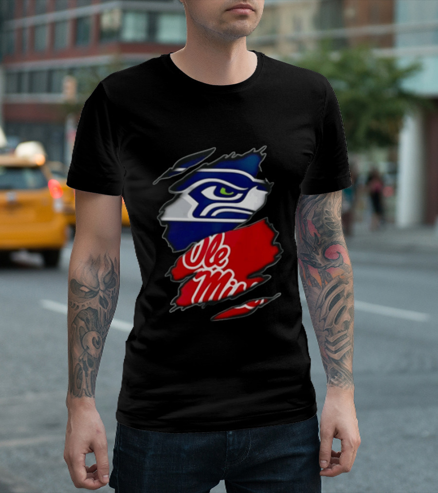 Seattle Seahawks Ole Miss Rebels Ripped Fabric Reveal T-Shirt