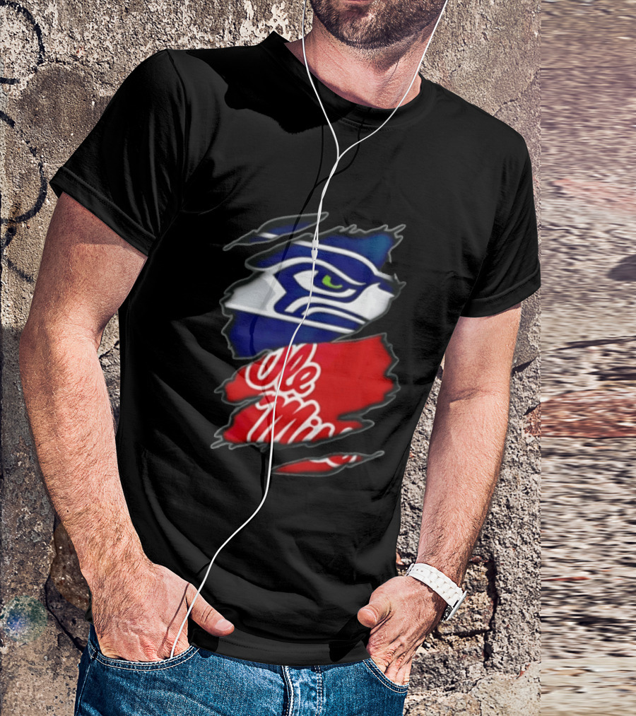 Seattle Seahawks Ole Miss Rebels Ripped Fabric Reveal T-Shirt