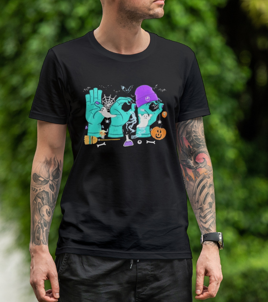 Boo ASL SPED Halloween 2026 Ghost Hands Pumpkin Broomstick Hat Bat Cobweb T-Shirt