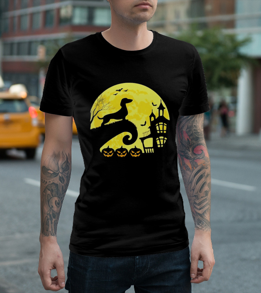 Dachshund Halloween Moon Spooky Night With Pumpkins T-Shirt