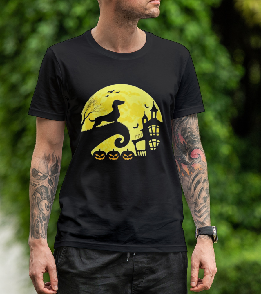 Dachshund Halloween Moon Spooky Night With Pumpkins T-Shirt