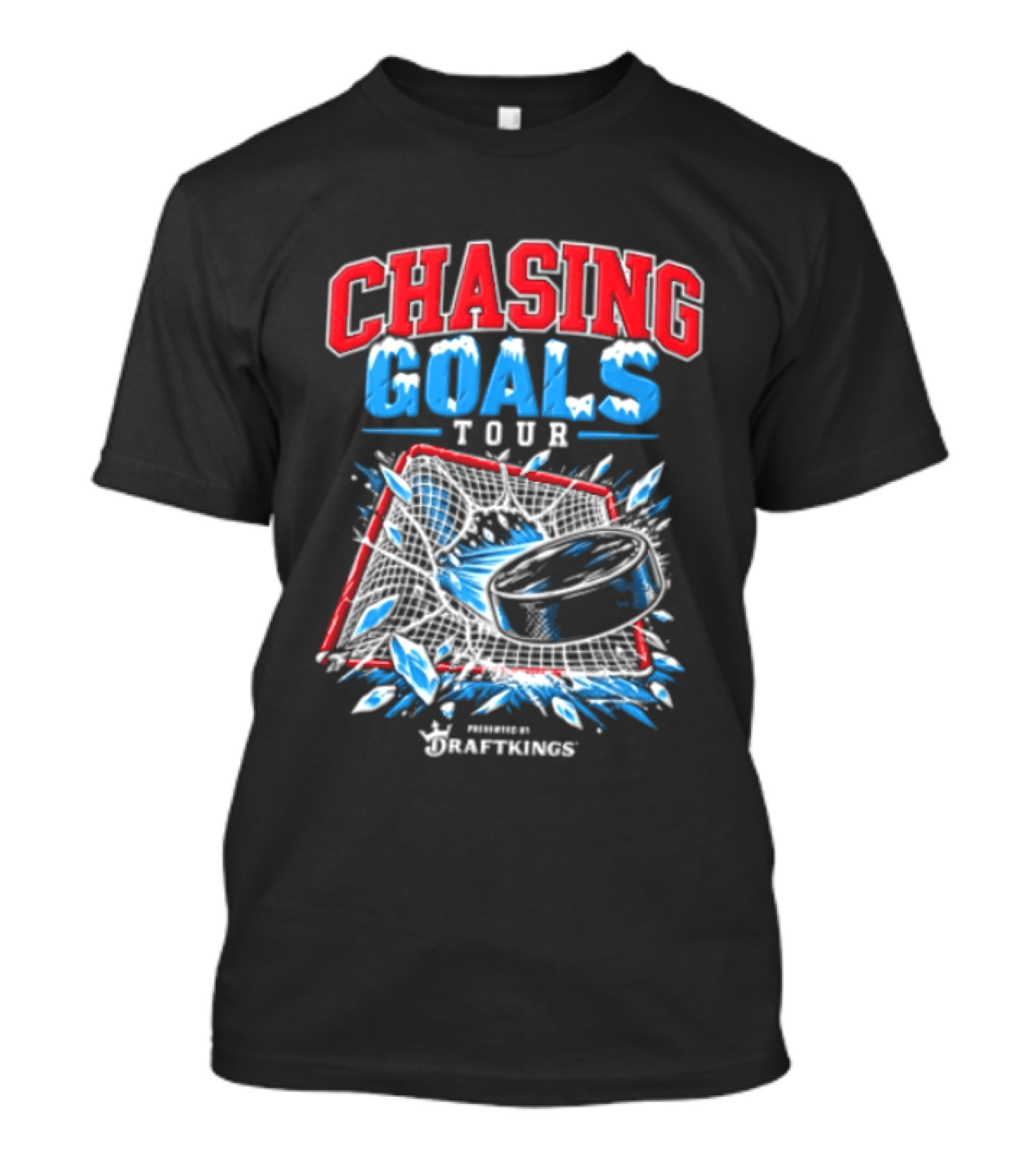 DraftKings Chasing Goals Tour Hockey Puck Crashing Into Net T-Shirt