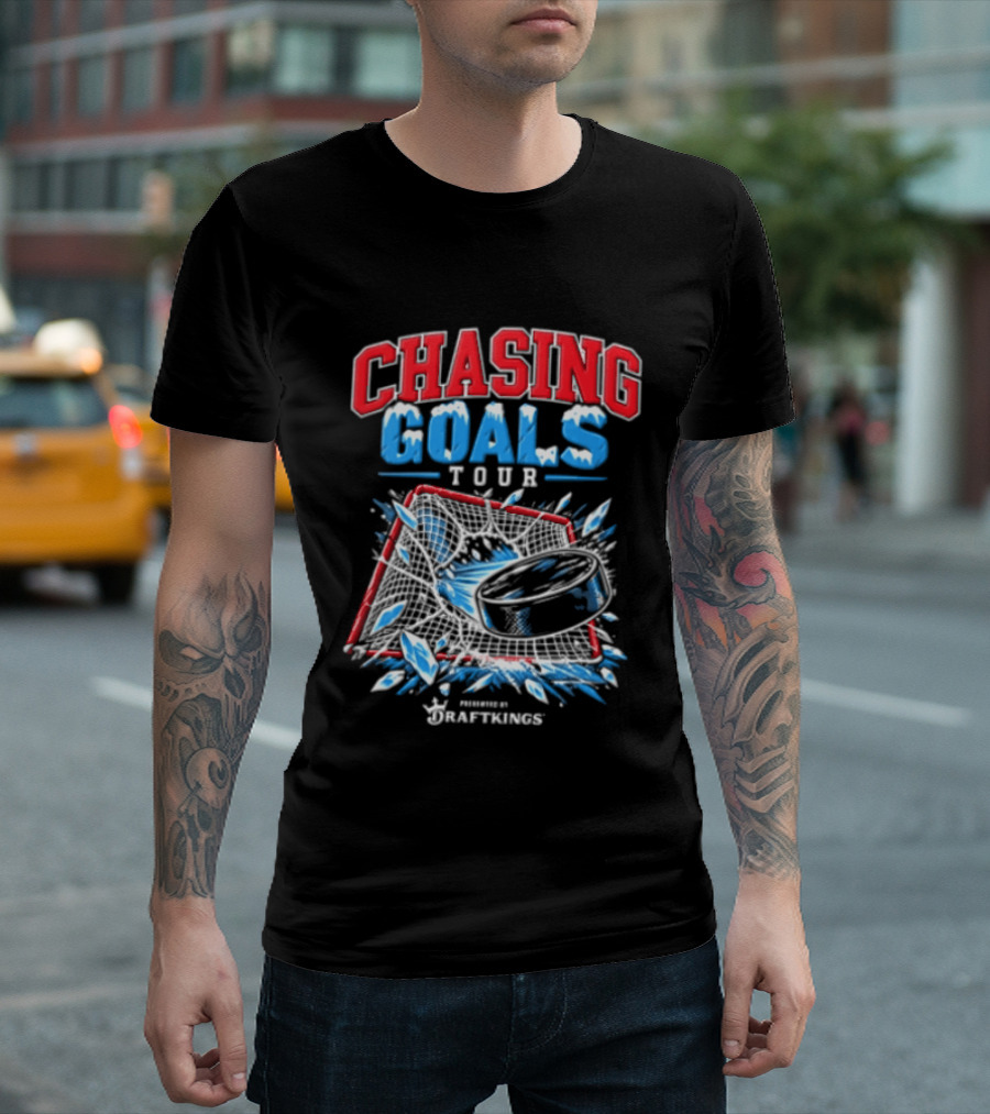 DraftKings Chasing Goals Tour Hockey Puck Crashing Into Net T-Shirt