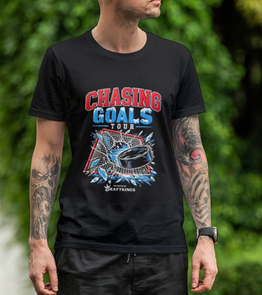 DraftKings Chasing Goals Tour Hockey Puck Crashing Into Net T-Shirt