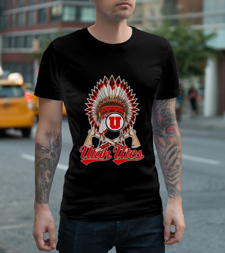Utah Utes Headdress And Tomahawks Logo With Red And White U T-Shirt