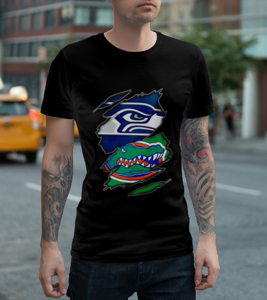 Seattle Seahawks Florida Gators Ripped Fabric Effect Sports Logos T-Shirt