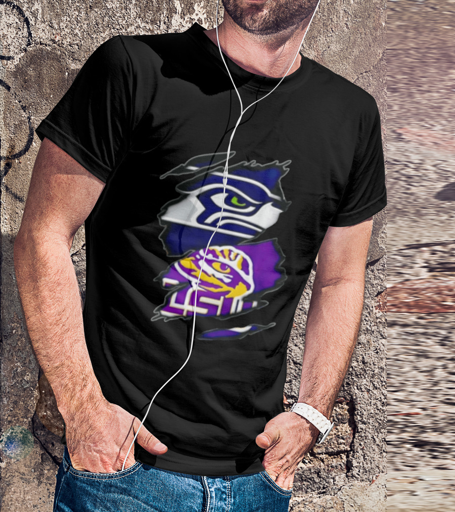 Seattle Seahawks Louisiana State University Ripped Fabric Reveal Seahawks Tiger Eye T-Shirt