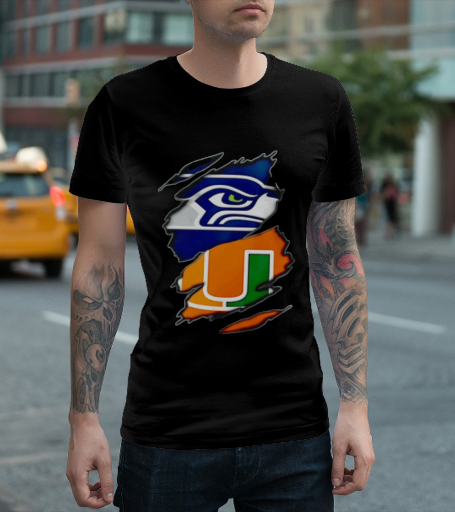 Seattle Seahawks Miami Hurricanes Torn Fabric Reveal Team Logos T-Shirt