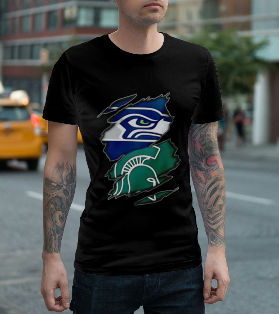 Seattle Seahawks Michigan State Spartans Torn Fabric Reveal Sports Logos T-Shirt