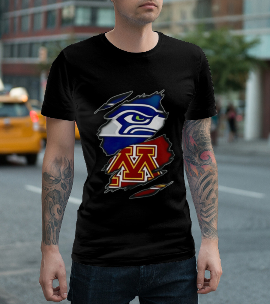 Seattle Seahawks Minnesota Golden Gophers Torn Fabric Reveal Team Emblems T-Shirt