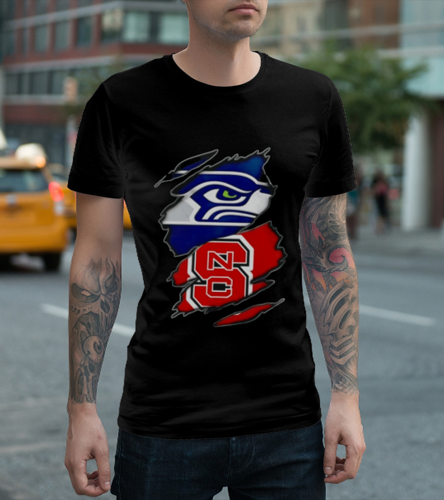 Seattle Seahawks North Carolina State Wolfpack Torn Fabric NFL NCAA Team T-Shirt