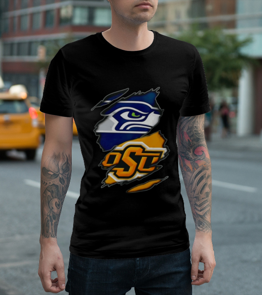 Seattle Seahawks Oklahoma State Cowboys Torn Fabric Reveal Sports T-Shirt