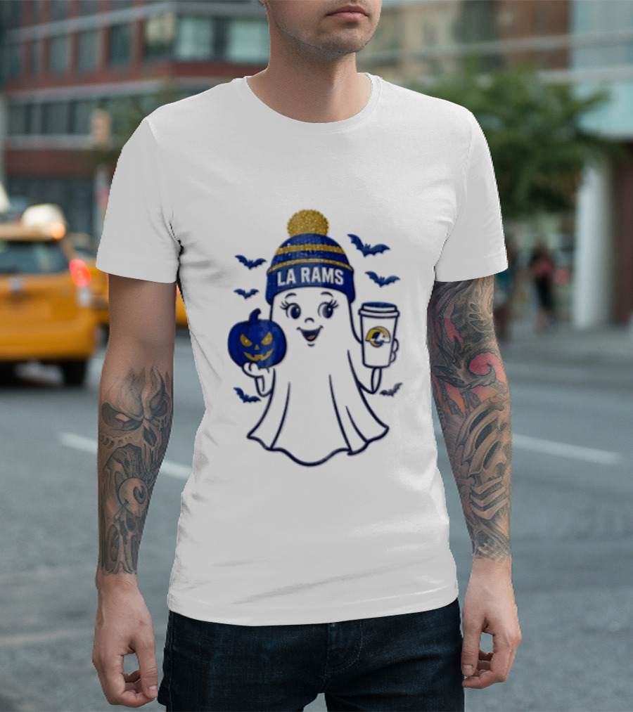 Los Angeles Rams Beanie Ghost Holding Pumpkin And Coffee Halloween T-Shirt