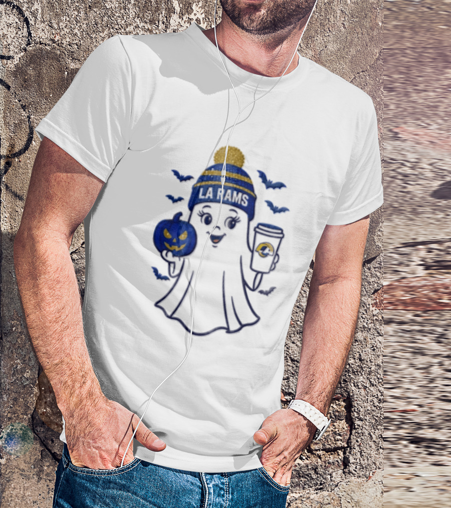 Los Angeles Rams Beanie Ghost Holding Pumpkin And Coffee Halloween T-Shirt
