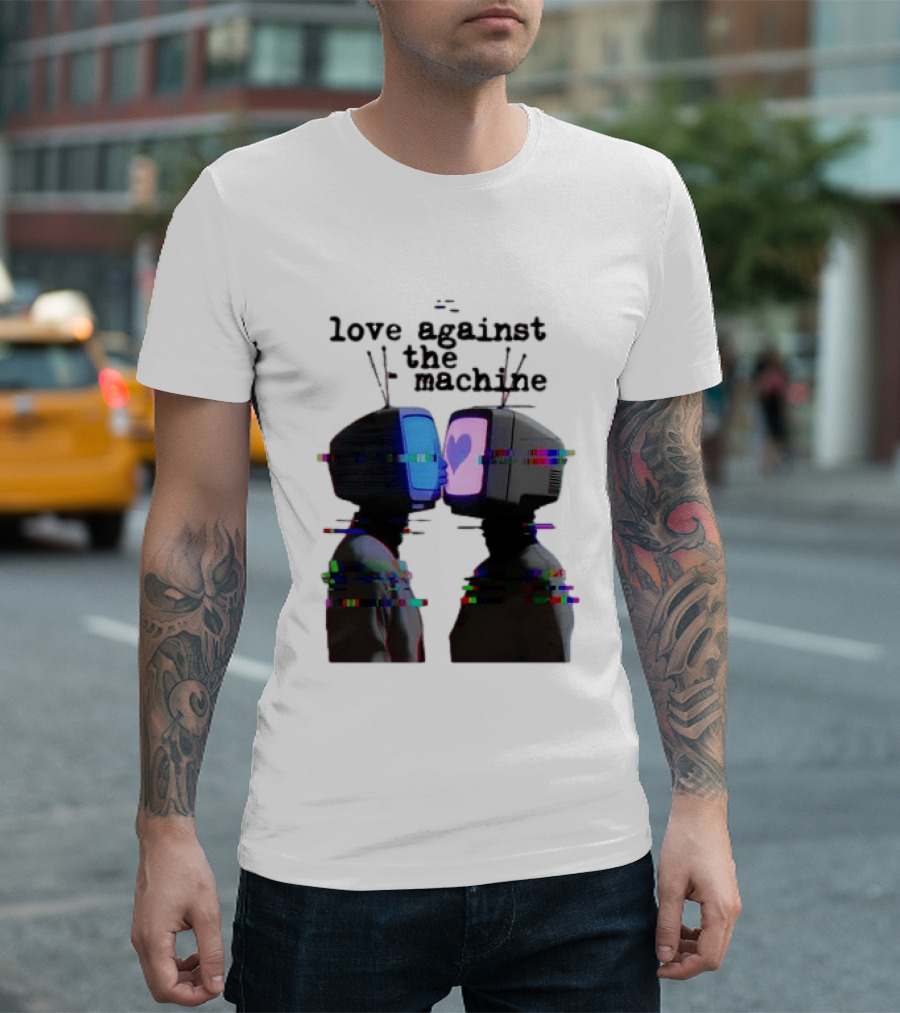 Love Against The Machine Two Television Heads Kissing Glitch Heart T-Shirt