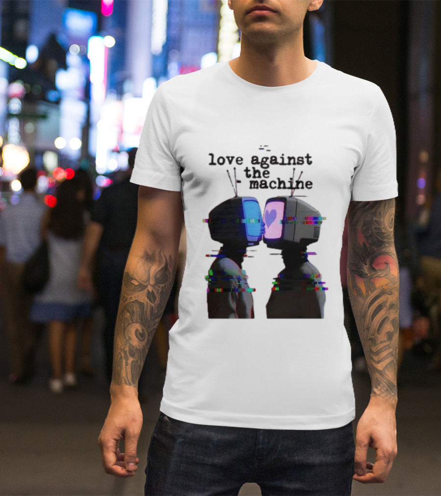 Love Against The Machine Two Television Heads Kissing Glitch Heart T-Shirt