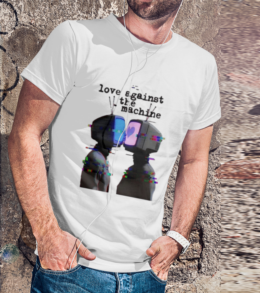 Love Against The Machine Two Television Heads Kissing Glitch Heart T-Shirt