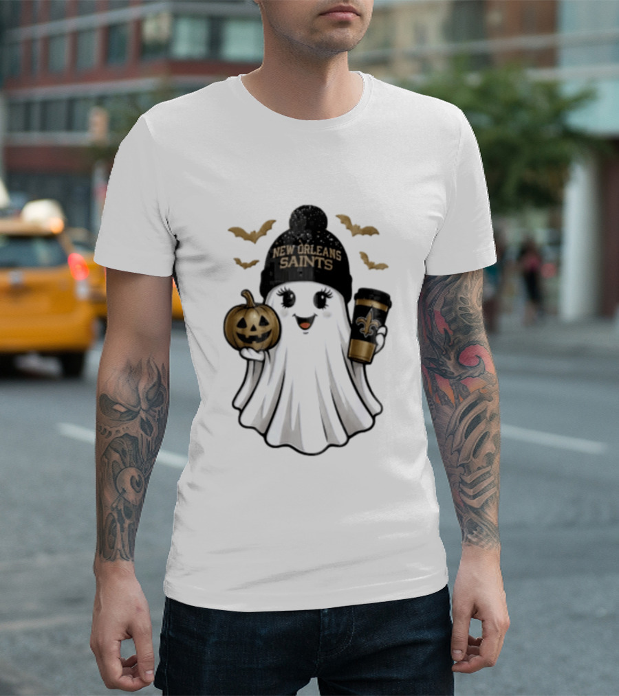 New Orleans Saints Ghost Beanie Pumpkin Coffee Halloween T-Shirt