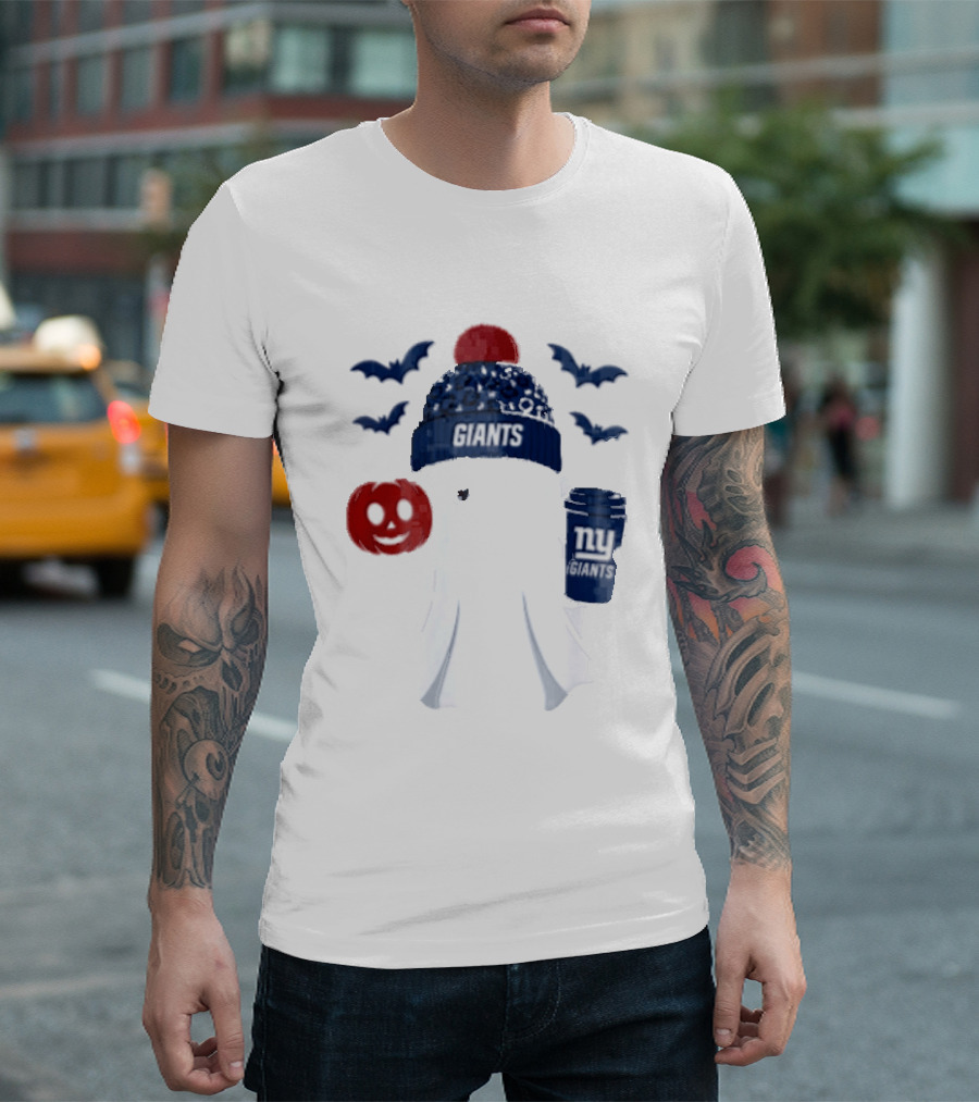 New York Giants Ghost Halloween Beanie With Pumpkin Coffee And Bats T-Shirt