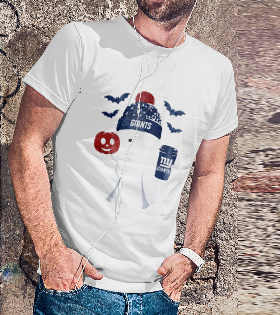 New York Giants Ghost Halloween Beanie With Pumpkin Coffee And Bats T-Shirt