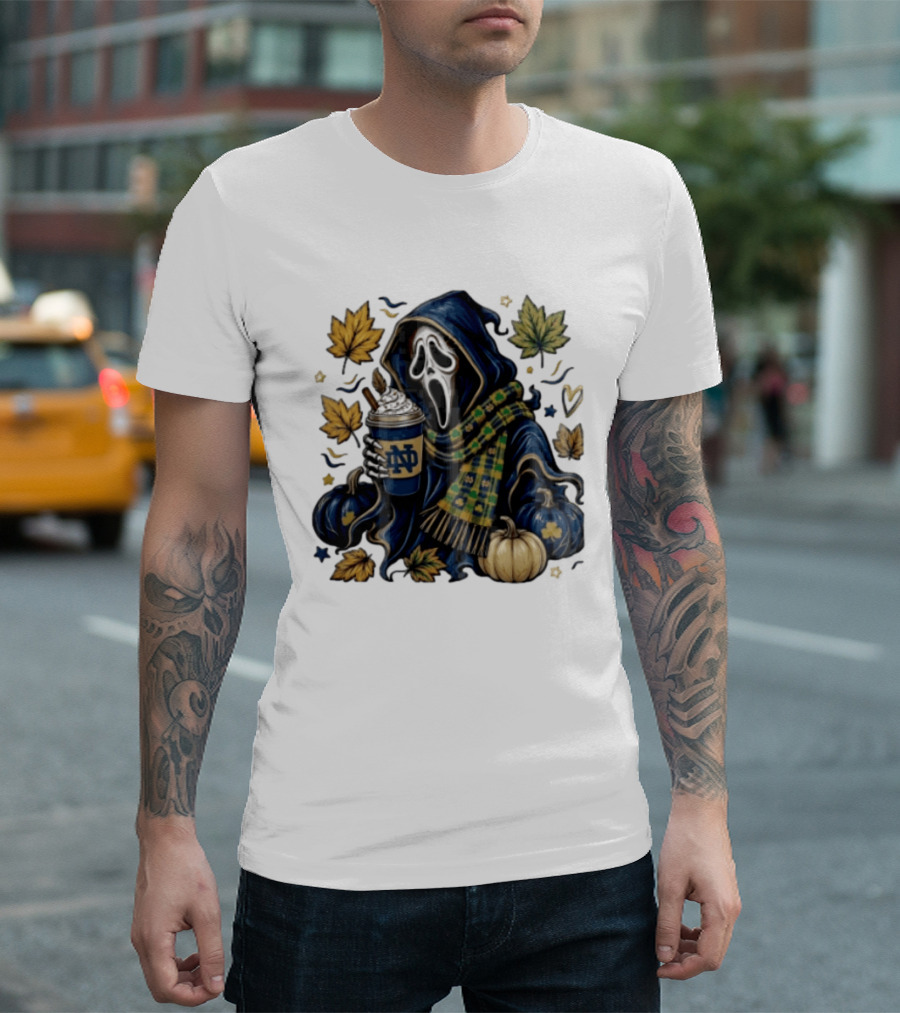Notre Dame Ghostface Holding Coffee Autumn Leaves Pumpkins T-Shirt