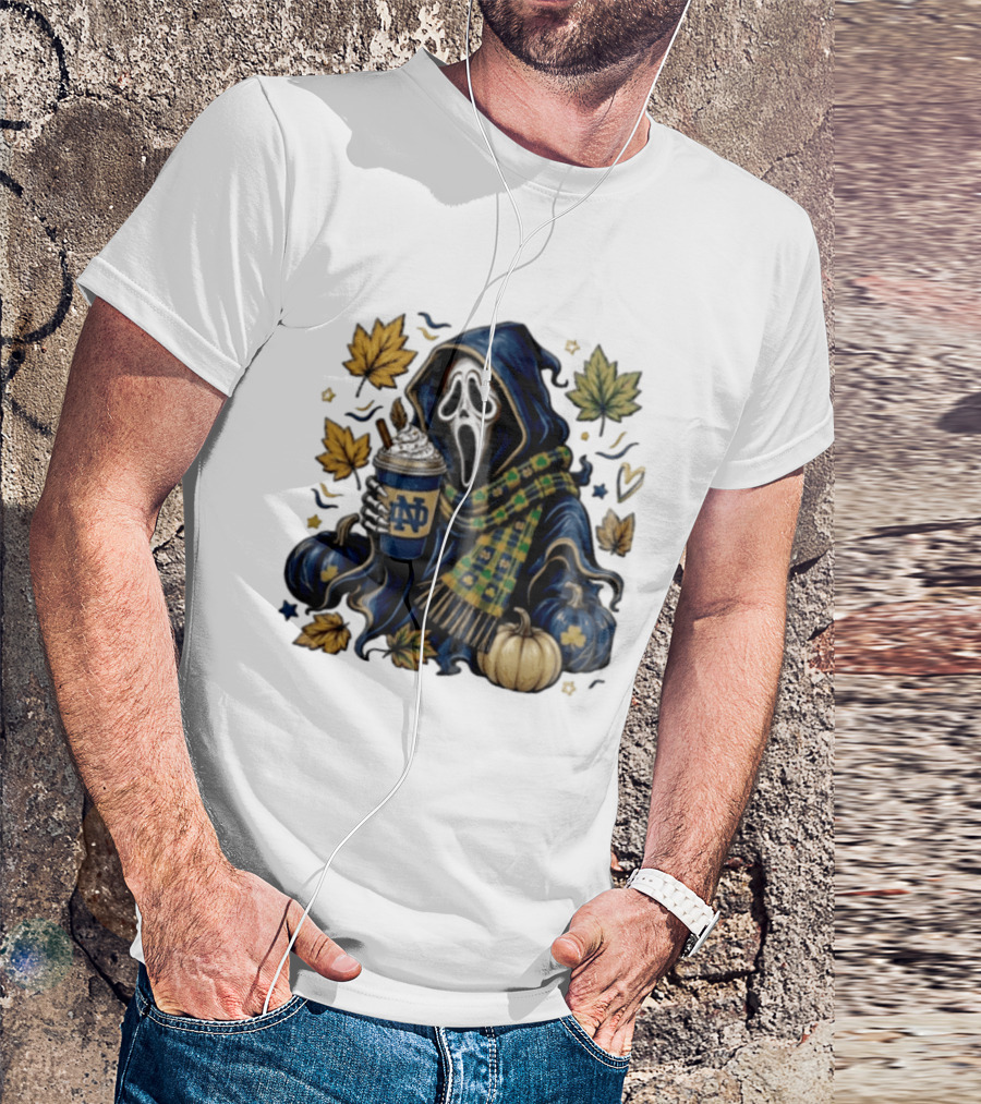 Notre Dame Ghostface Holding Coffee Autumn Leaves Pumpkins T-Shirt