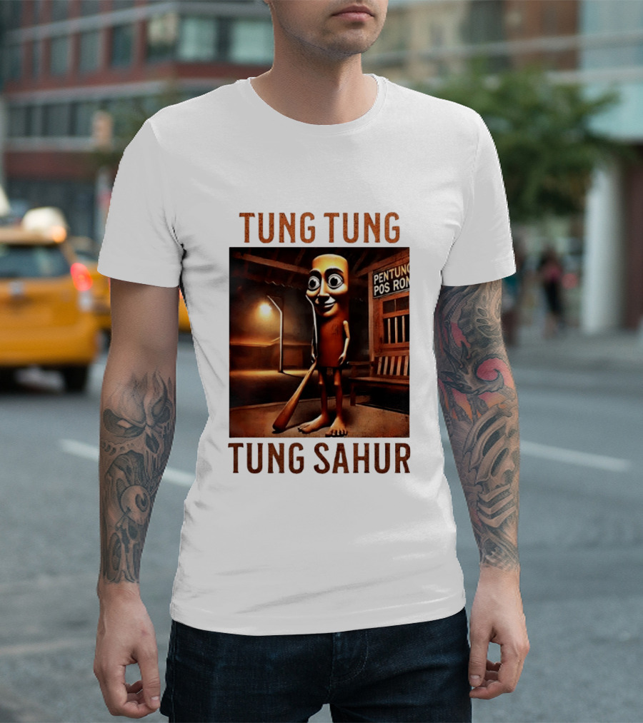 Tung Tung Tung Sahur Pentung Pos Ron Indonesian Culture Night Scene T-Shirt