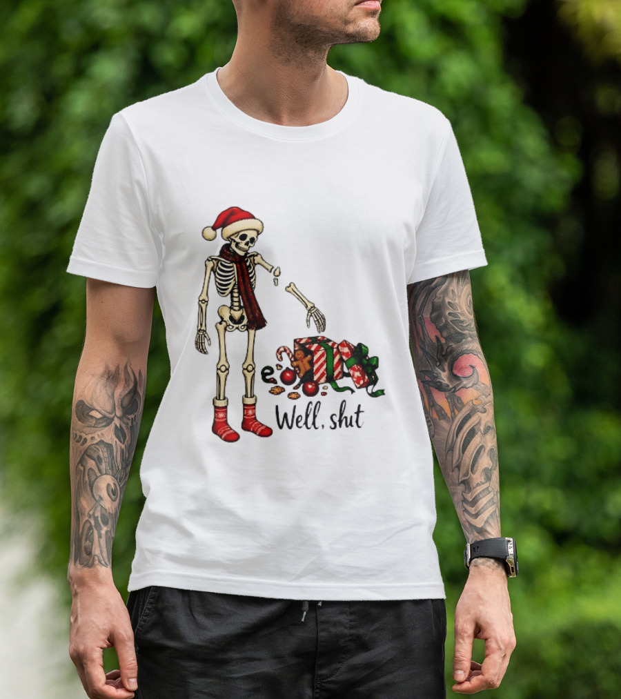 Well Shit Christmas Skeleton Gingerbread Man Santa Hat T-Shirt