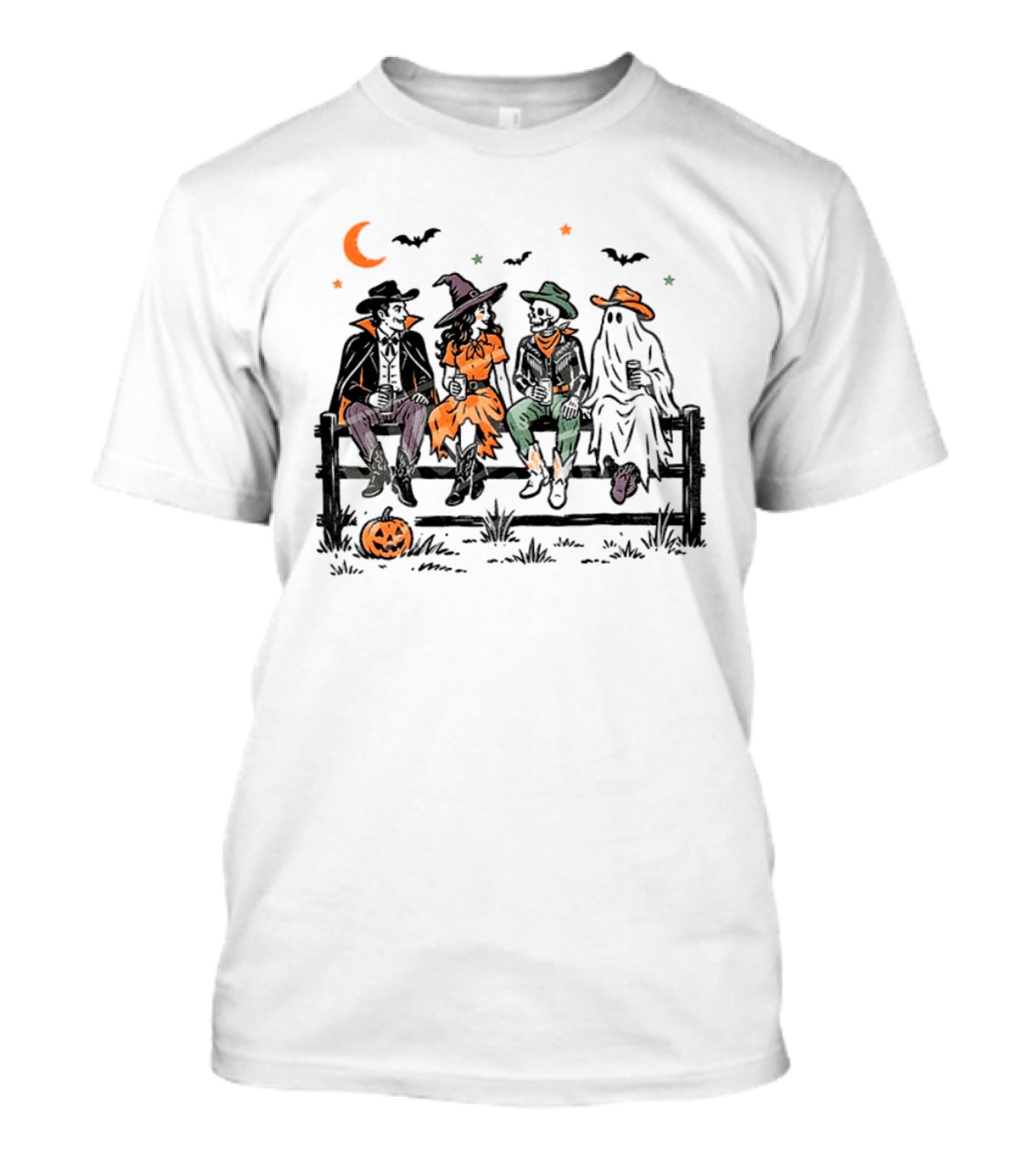 Witch Skeleton Ghost Vampire Western Halloween Scene With Pumpkins And Bats T-Shirt