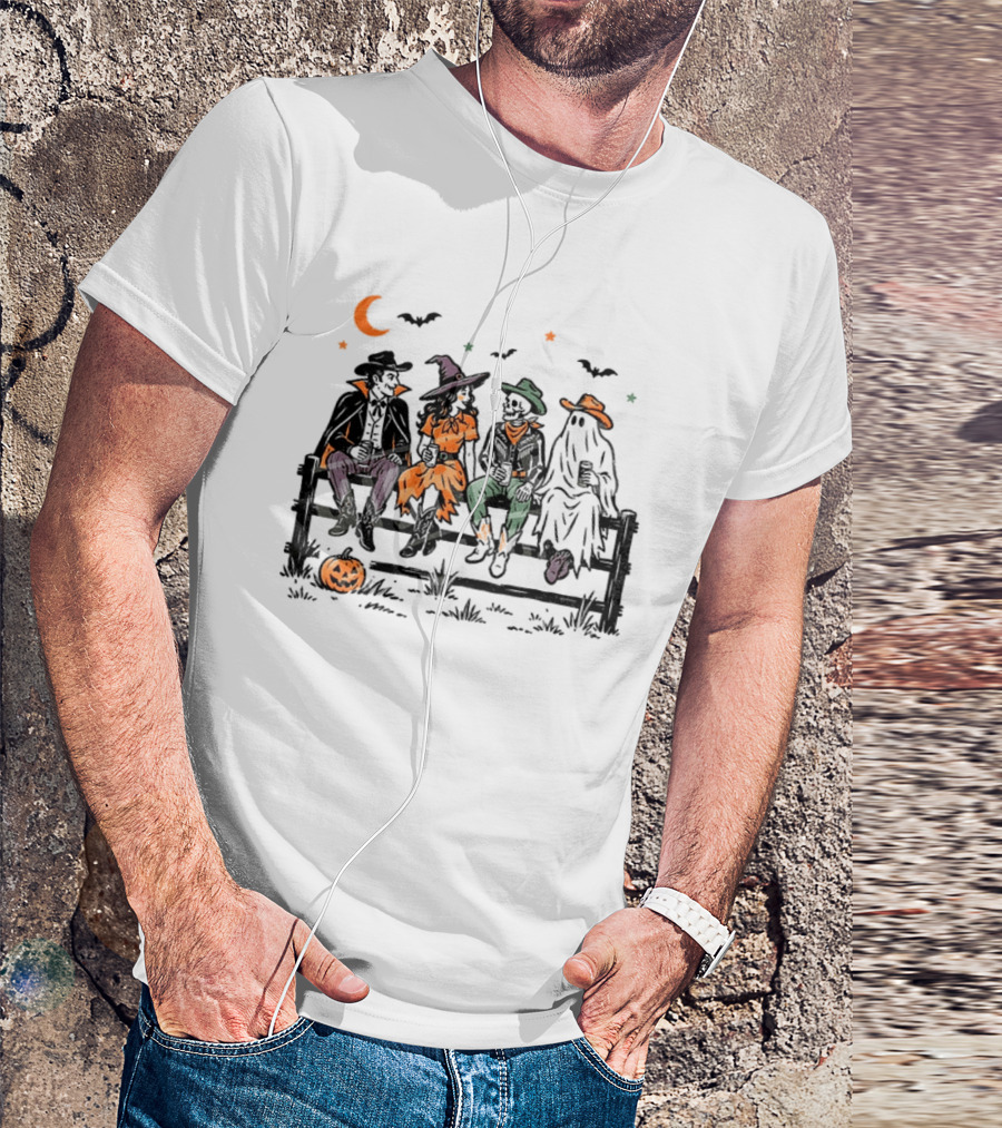 Witch Skeleton Ghost Vampire Western Halloween Scene With Pumpkins And Bats T-Shirt