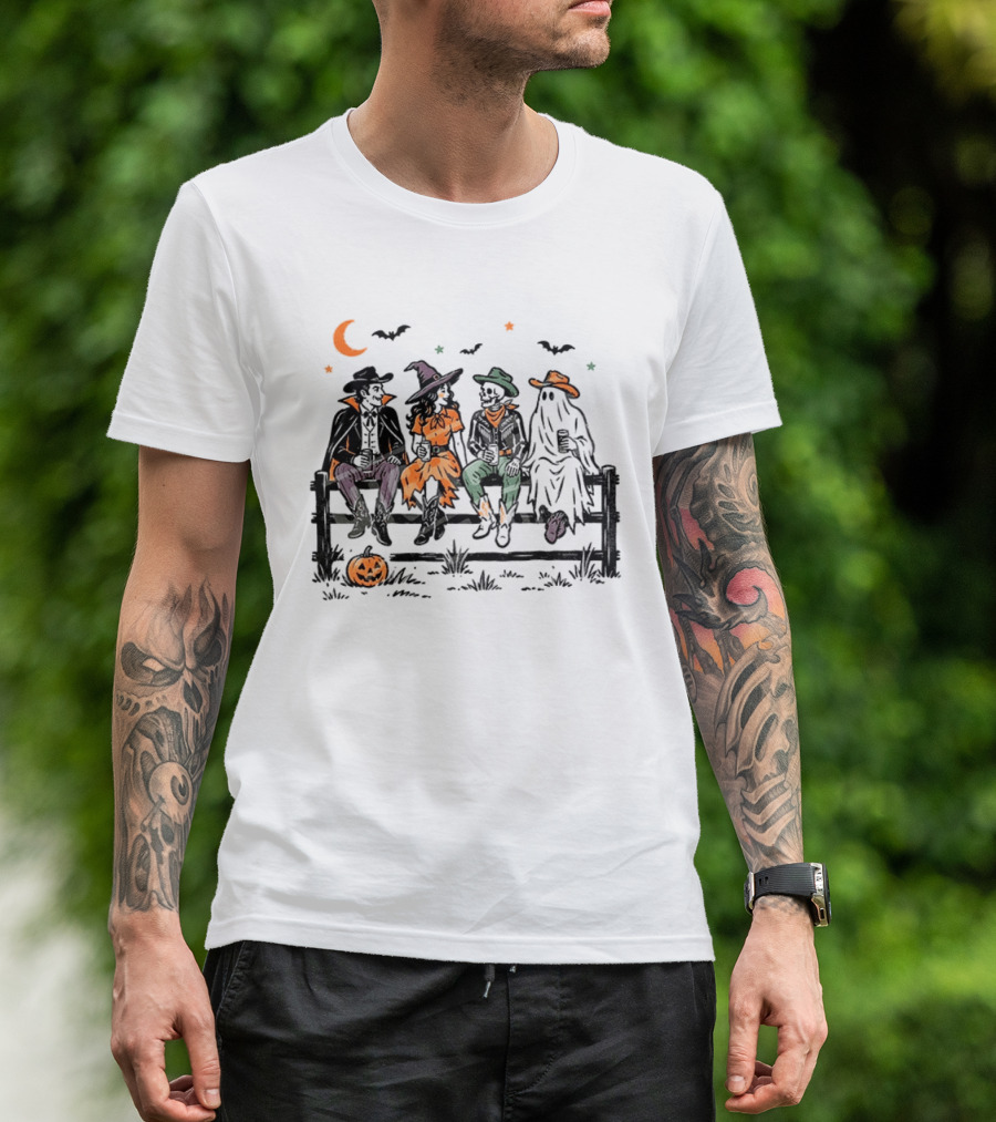 Witch Skeleton Ghost Vampire Western Halloween Scene With Pumpkins And Bats T-Shirt