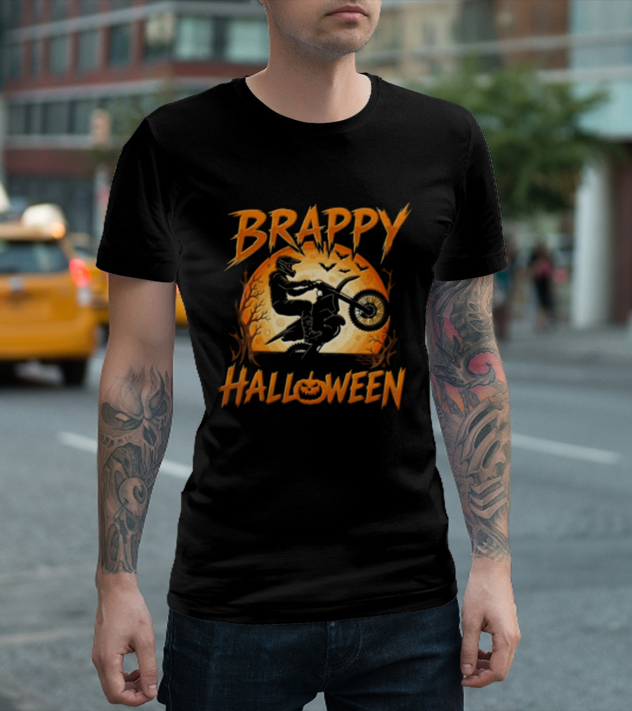 Brappy Halloween Motocross Rider Wheelie Moon Bats T-Shirt
