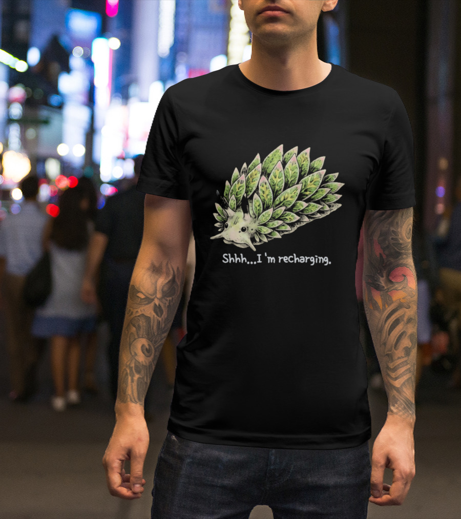 Leaf Sheep Sea Slug Shhh I'm Recharging Green Pink Cute Sea Creature T-Shirt
