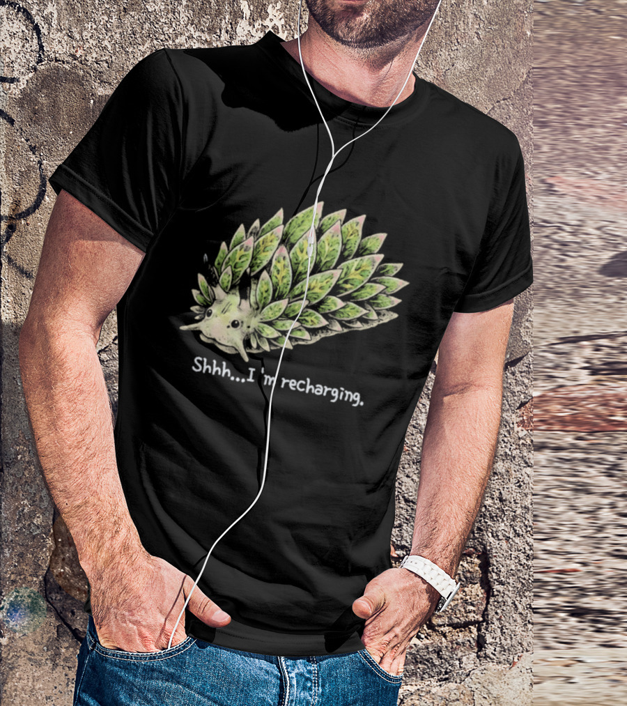 Leaf Sheep Sea Slug Shhh I'm Recharging Green Pink Cute Sea Creature T-Shirt