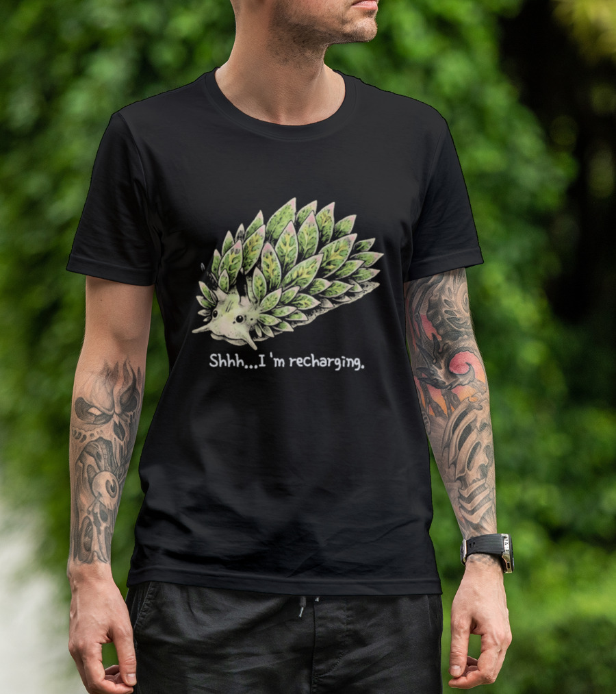 Leaf Sheep Sea Slug Shhh I'm Recharging Green Pink Cute Sea Creature T-Shirt