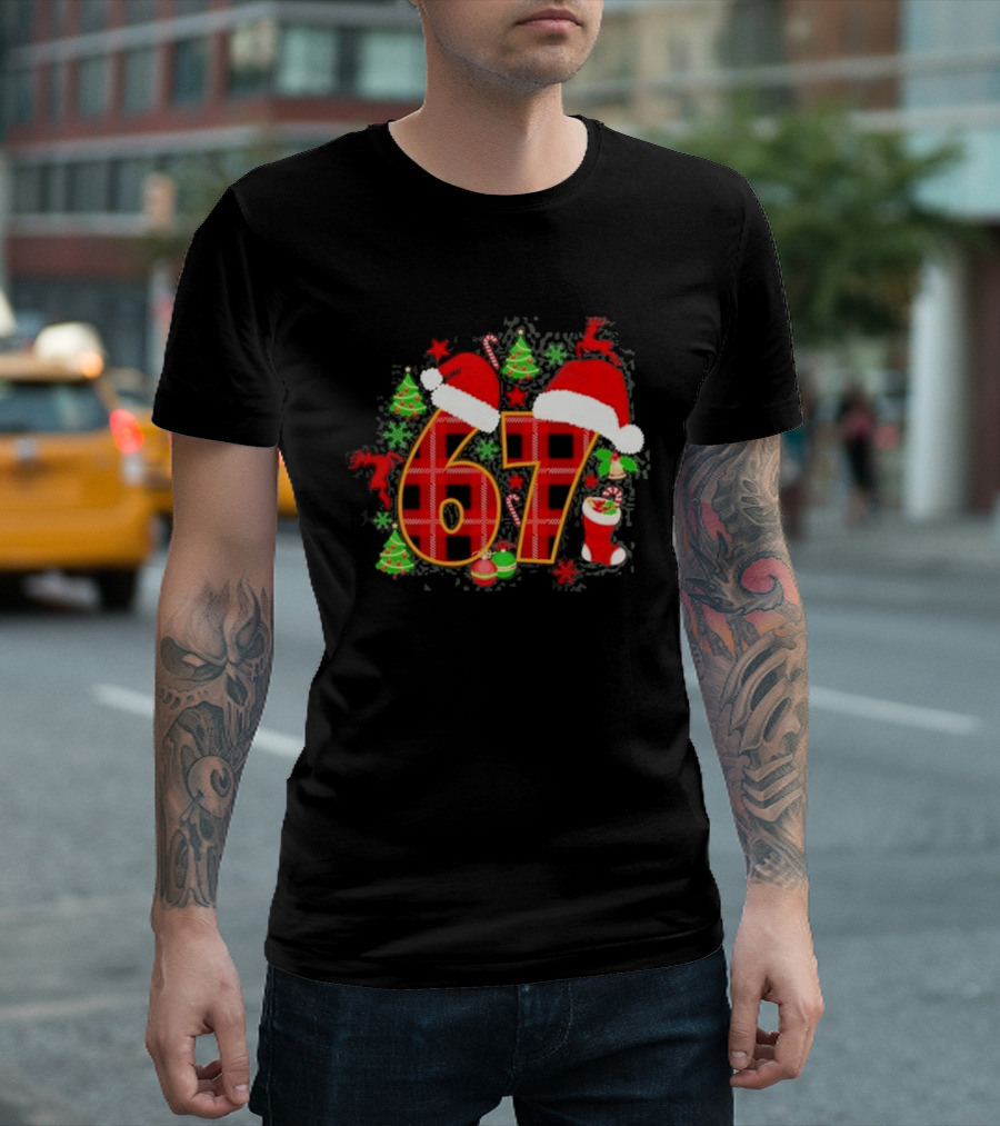67 Christmas Plaid With Santa Hats And Festive Decorations T-Shirt