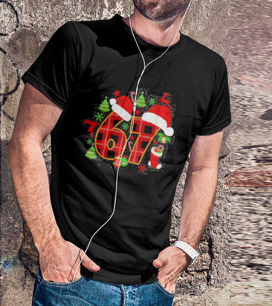 67 Christmas Plaid With Santa Hats And Festive Decorations T-Shirt