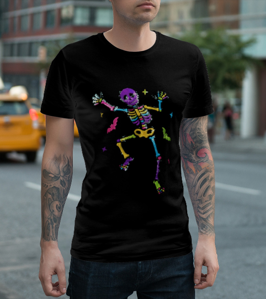 Skeleton Dancing Colorful Sequin Bats T-Shirt