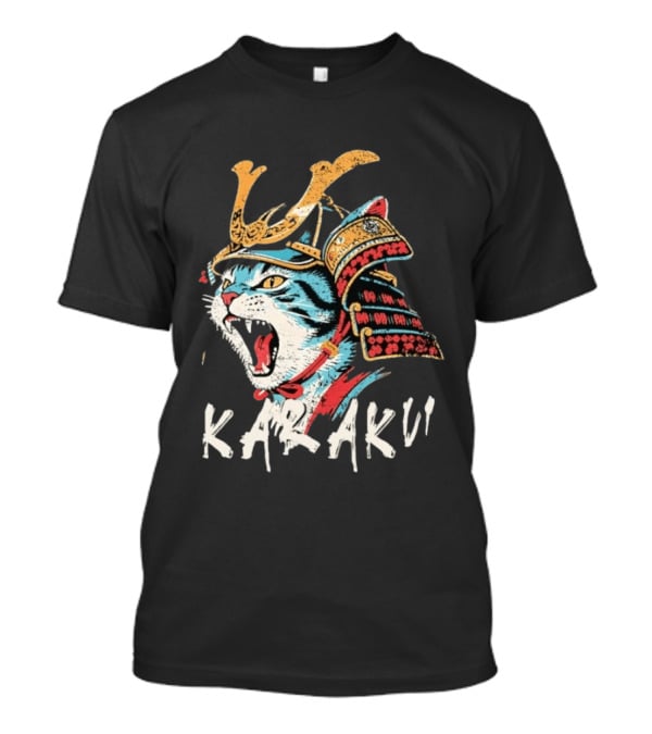 Karaku Distressed Samurai Cat With Helmet And Snarling Expression T-Shirt