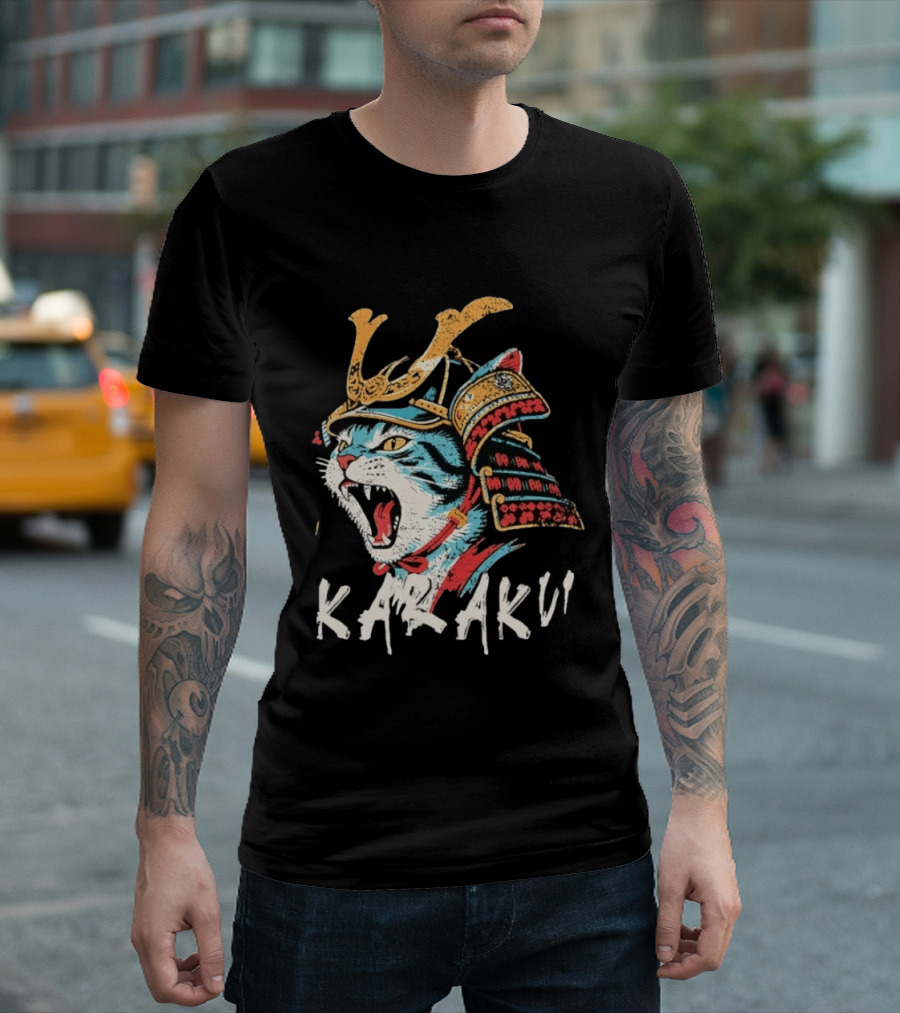 Karaku Distressed Samurai Cat With Helmet And Snarling Expression T-Shirt