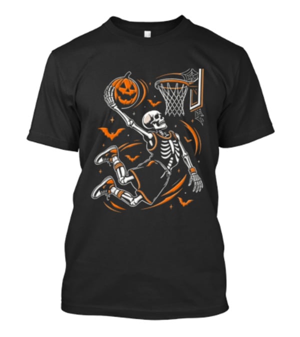 Skeleton Slam Dunk Pumpkin Basketball Hoop Spooky Halloween T-Shirt