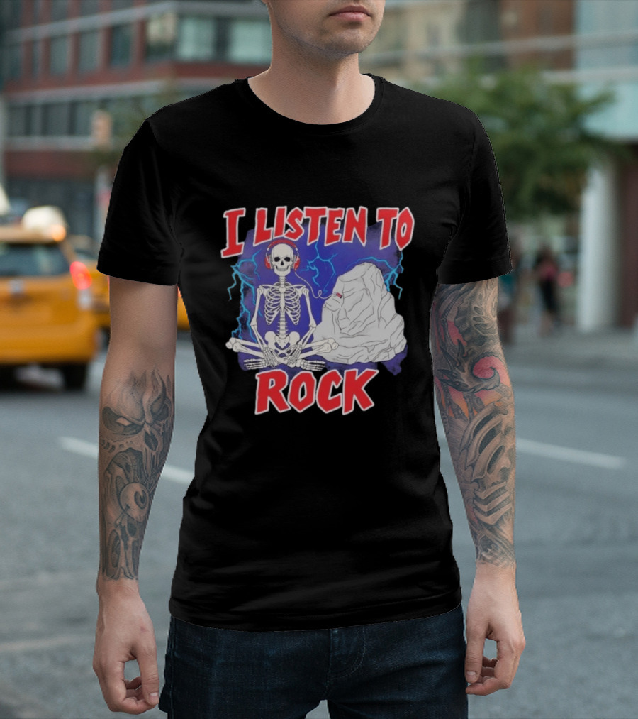 I Listen To Rock Skeleton Headphones Music T-Shirt