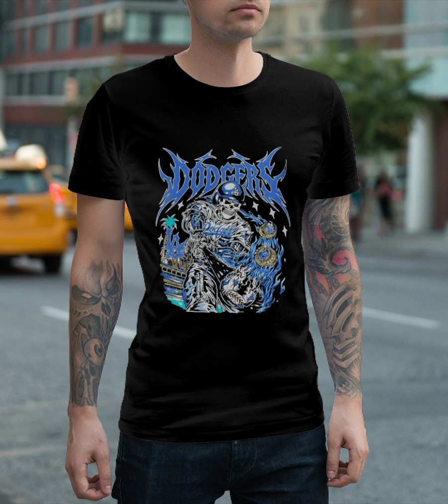 Los Angeles Dodgers Skeleton Player With Baseball Bat And Championship Rings T-Shirt