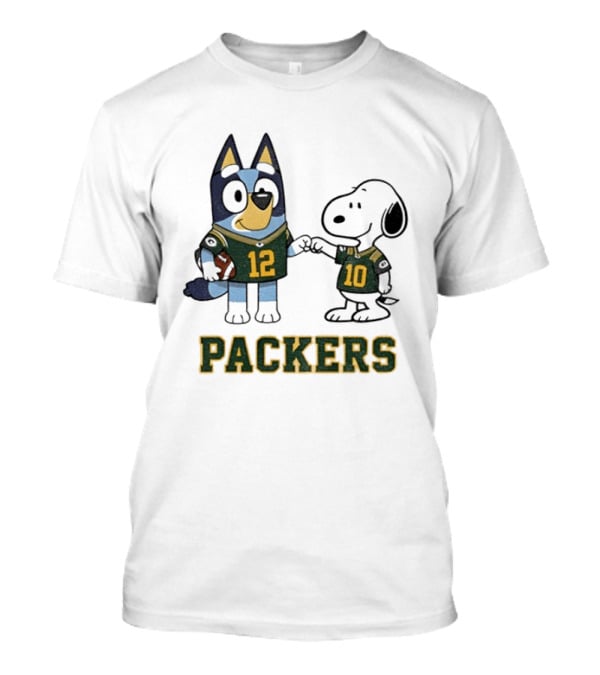 Bluey Snoopy Packers Football Friends Wearing 12 And 10 Jerseys T-Shirt